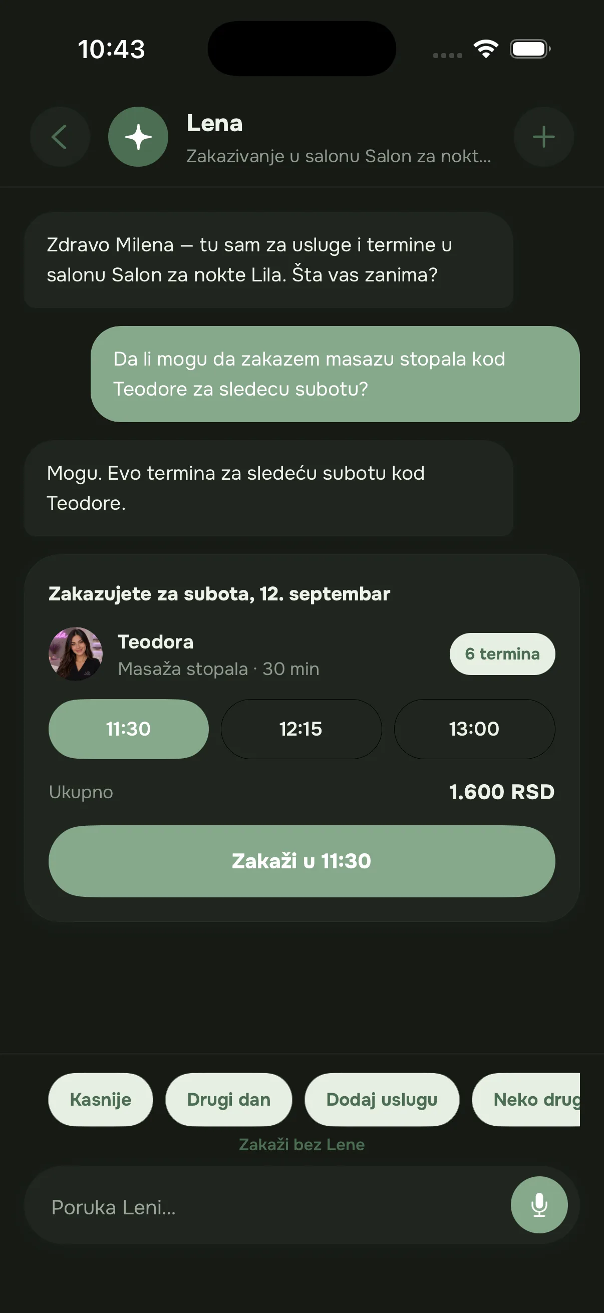 Razgovor sa Lenom u aplikaciji: klijent traži termin, Lena nudi slobodna vremena i dugme za zakazivanje.