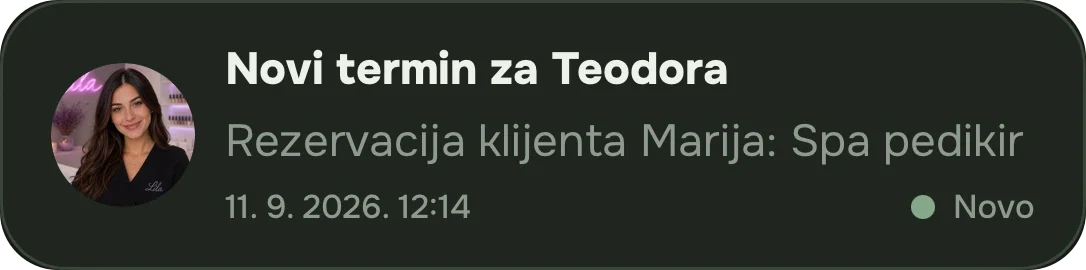 Obaveštenje u aplikaciji: novi termin za zaposlenu, sa imenom klijenta i uslugom.