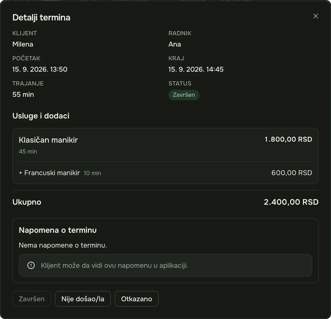 Detalji termina u administraciji: klijent, zaposlena, početak i kraj, usluga sa dodatkom, ukupna cena i dugmad za status.