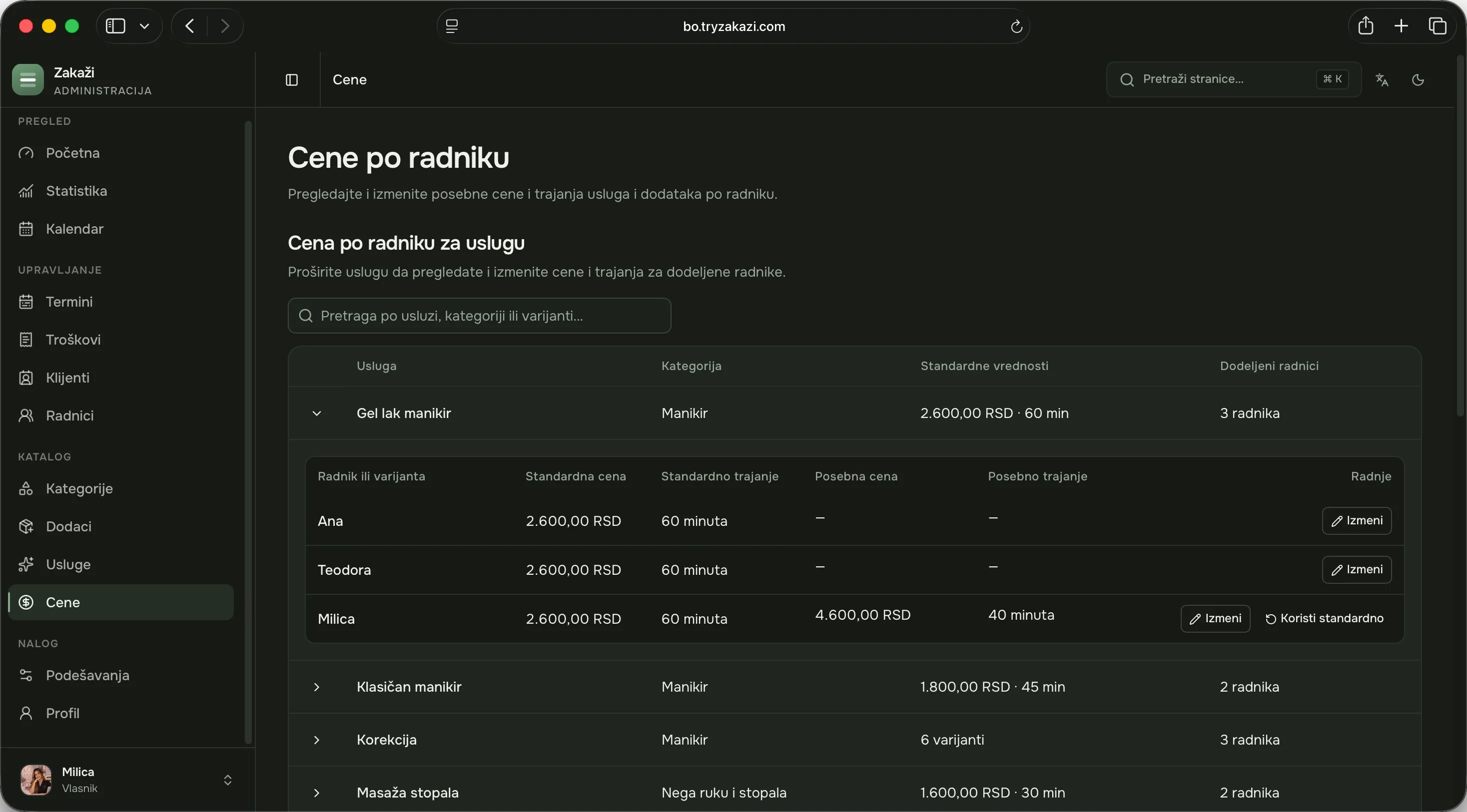 Cene po zaposlenom u administraciji: ista usluga sa standardnom i posebnom cenom i trajanjem za jednu zaposlenu.