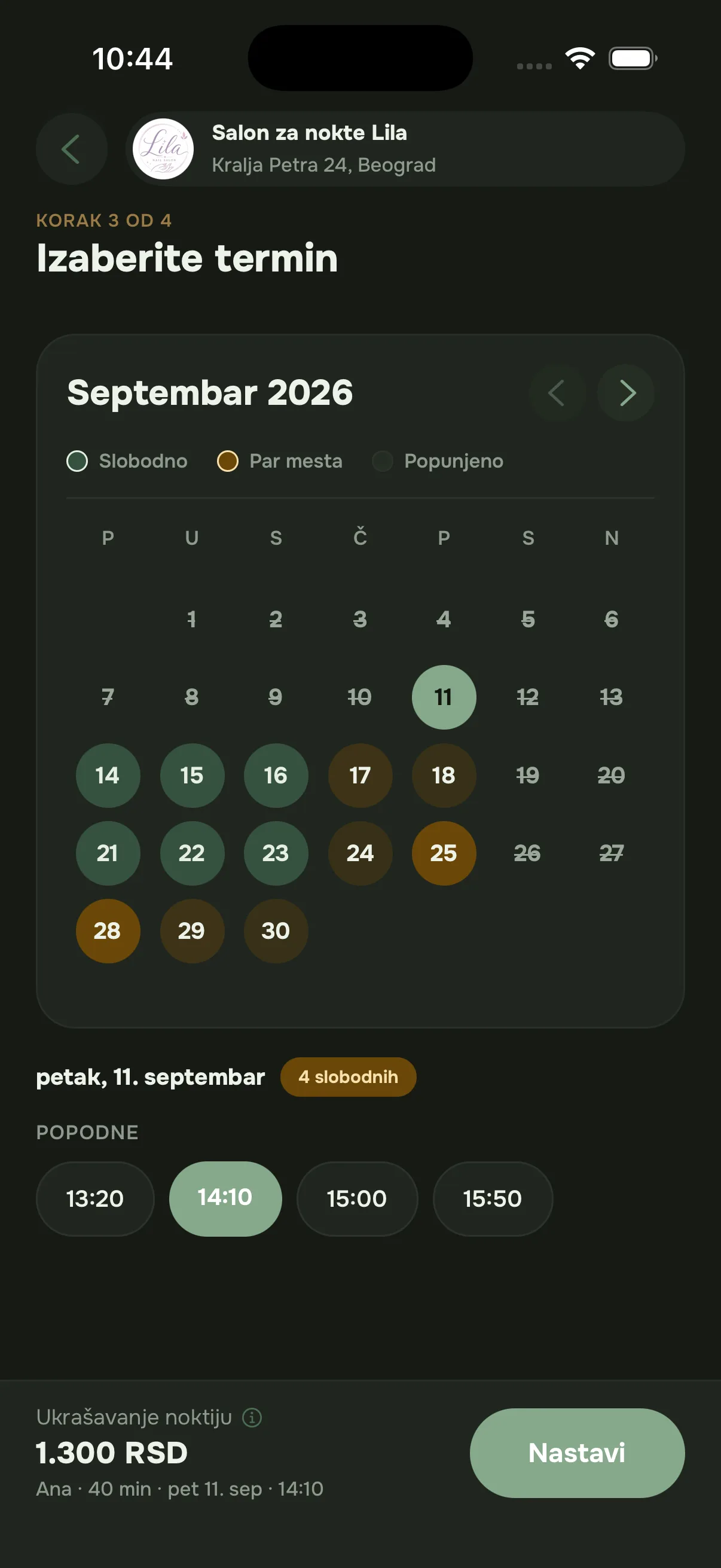 Aplikacija za klijente, treći korak: kalendar sa slobodnim danima i izbor slobodnog termina.