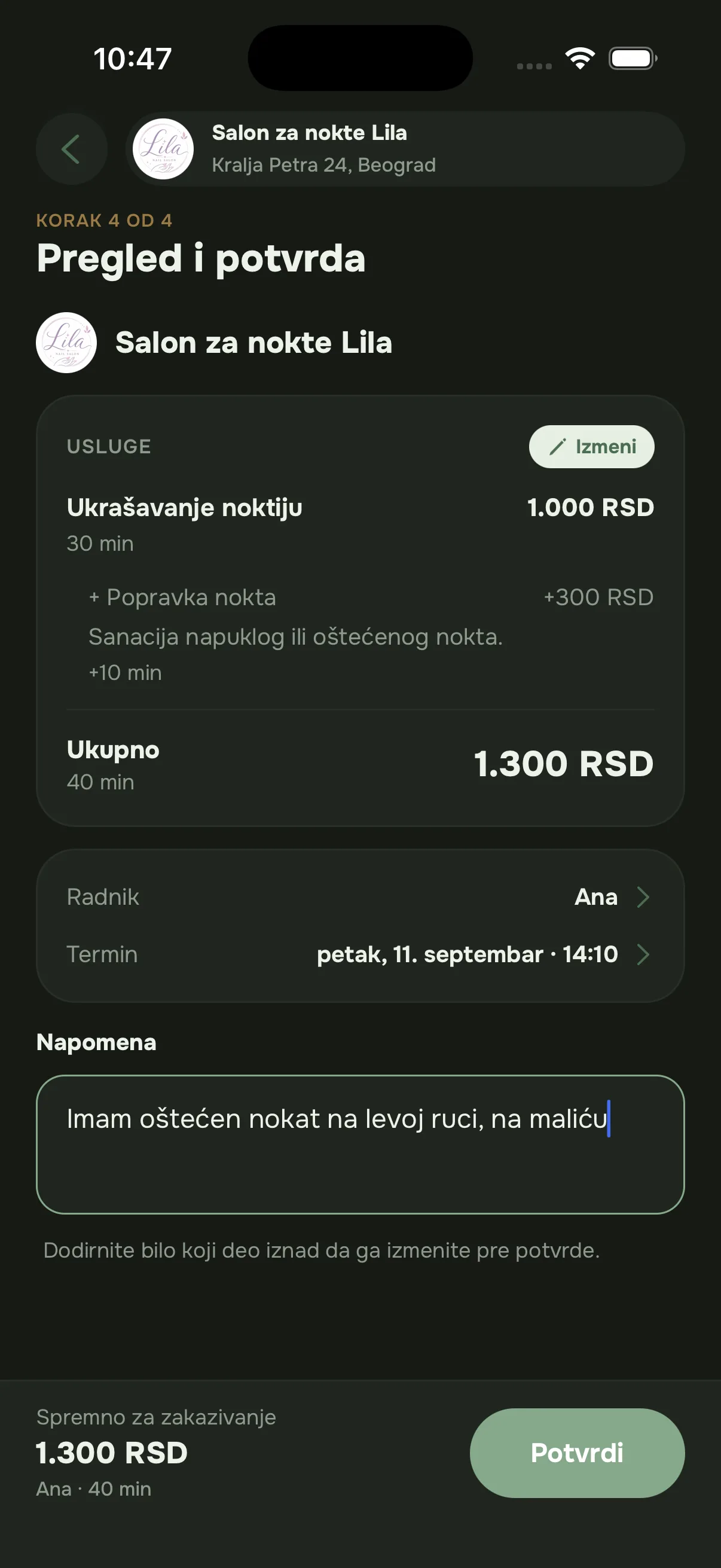 Aplikacija za klijente, četvrti korak: pregled usluge, zaposlene, termina i napomene pre potvrde.