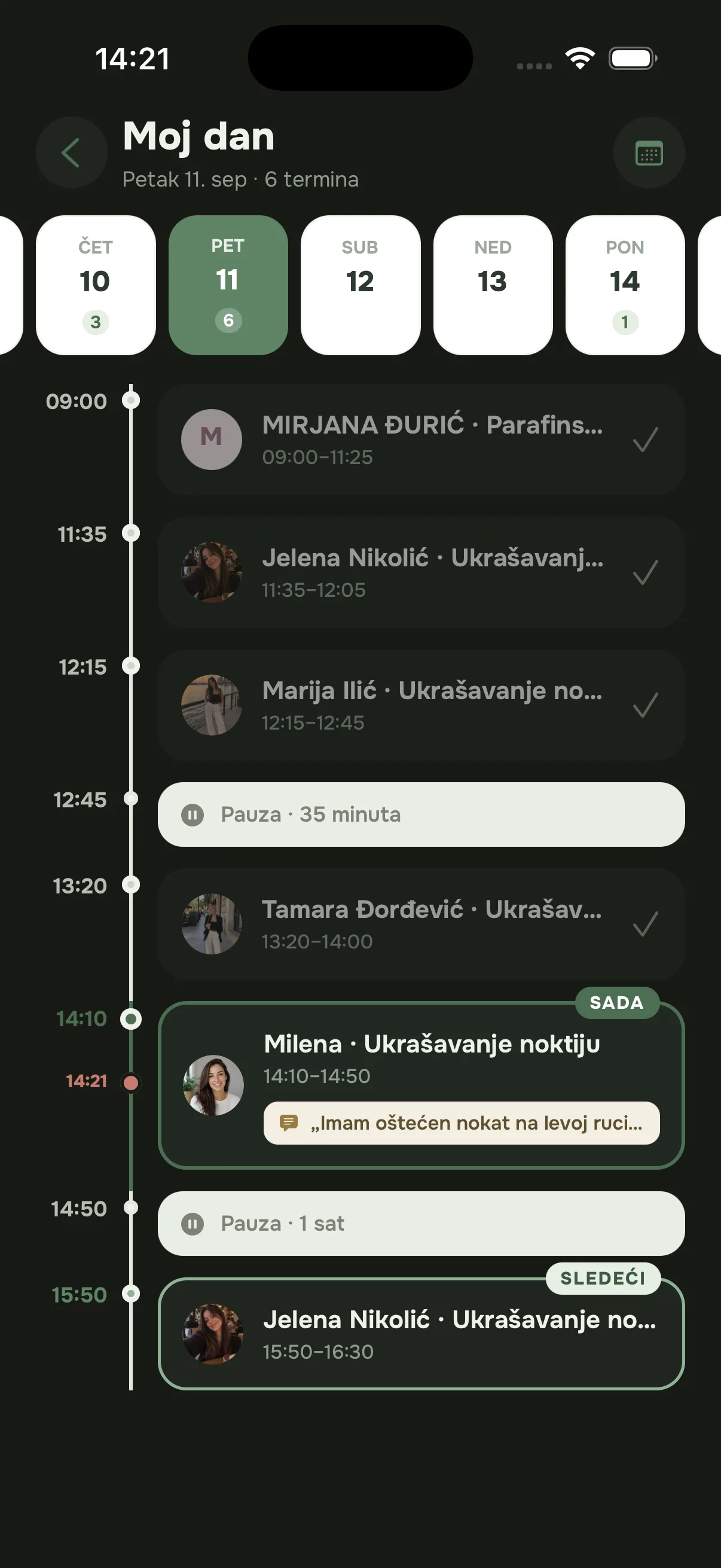 Aplikacija Zakaži za salon, ekran „Moj dan“: današnji termini po satima, sa pauzama i terminom koji je upravo u toku.